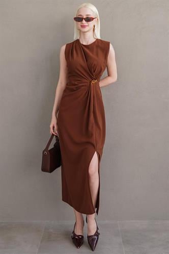Kahverengi Bronşlu Midi Boy Kadın Elbise Mg2418