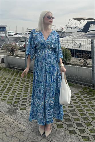 Saks Desenli Yırtmaç Detaylı Uzun Elbise MG2325