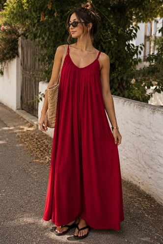Bordo Halter Yaka Askılı Uzun Basic Kadın Elbise MG2163