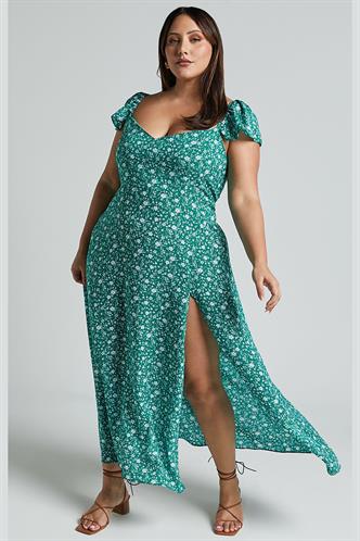 Mavi Desenli Yırtmaçlı Uzun Elbise MG2004