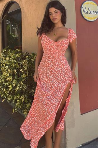 Turuncu Desenli Yırtmaçlı Uzun Elbise MG2004