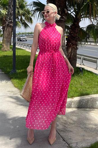 Fuşya Puantiyeli Sıfır Kol Halter Yaka Elbise MG2134