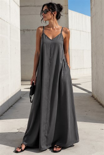 Füme Askılı Oversize Uzun Elbise MG2038