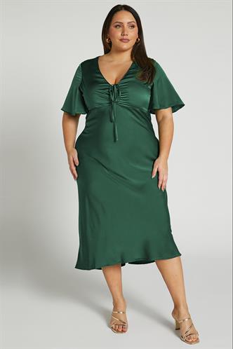 Yeşil Midi Boy Kısa Kollu Saten Elbise MG2013