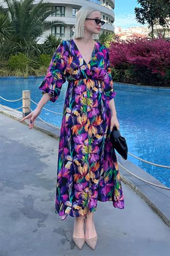 Mor Uzun V Yaka Desenli Kadın Elbise MG2076