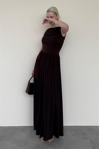 Kahverengi Önü Dökümlü Uzun Boy Kadın Elbise Mg2364