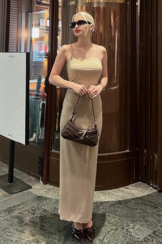 Bej Uzun Asklı Basic Elbise MG1852