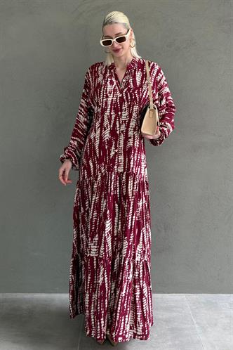 Bordo Desenli Önü Düğmeli  Uzun Kollu Elbise MG2398