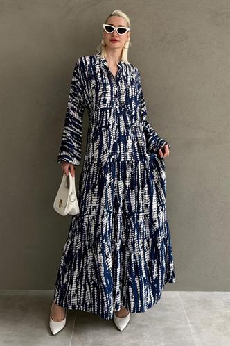 Lacivert  Desenli Önü Düğmeli  Uzun Kollu Elbise MG2398