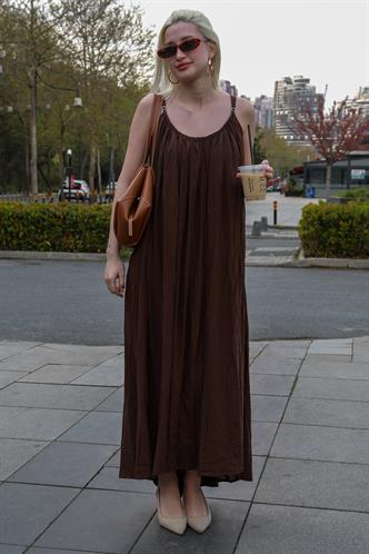 Kahverengi Halter Yaka Askılı Uzun Basic Kadın Elbise MG2163