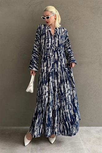 Lacivert  Desenli Önü Düğmeli  Uzun Kollu Elbise MG2398