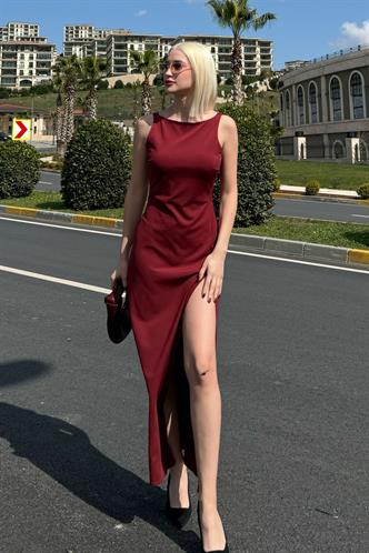 Bordo Maxi Boy Yırtmaç Detaylı  Kadın Elbise Mg2367