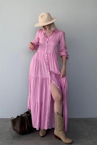 Pembe  Çizgili Düğmeli Uzun Elbise MG2392