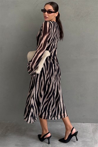 Bej Zebra Desenli Şifon Midi Elbise MG2854