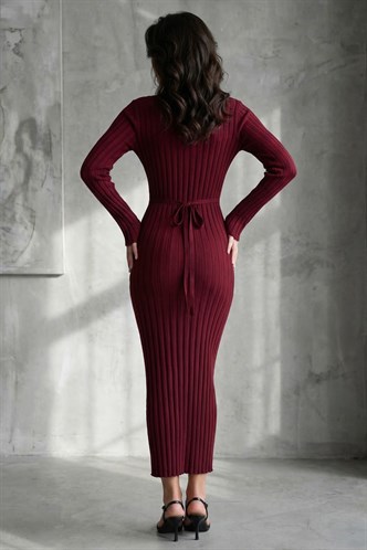 Bordo Vücuda Oturan Fitilli Triko Midi Kadın Elbise MG2691
