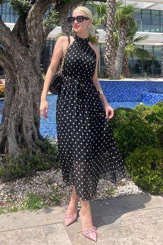 Siyah Puantiyeli Sıfır Kol Halter Yaka Elbise MG2134