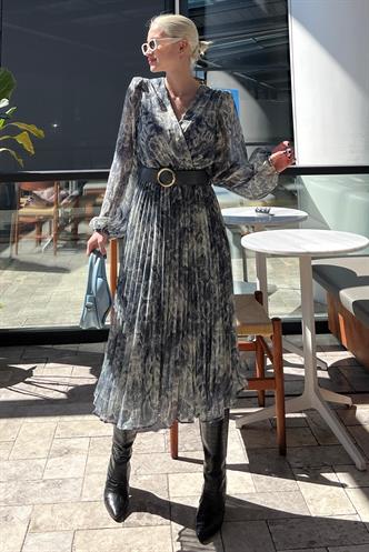 Bej V Yaka Beli Lastikli Desenli Şifon Elbise MG2225