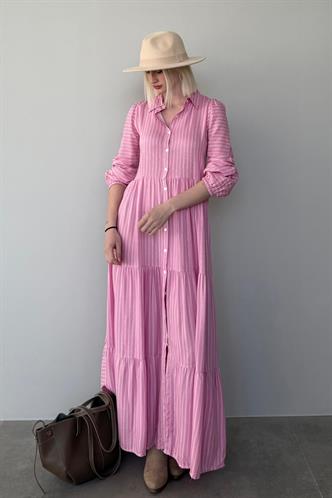 Pembe  Çizgili Düğmeli Uzun Elbise MG2392