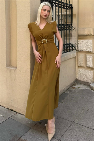Yeşil V  Yaka Tokalı Yırtmaçlı Kadın Maxi Elbise Mg2713