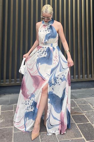 Pembe Halter Yaka Yırtmaç Detaylı Desenli Uzun Elbise MG2162