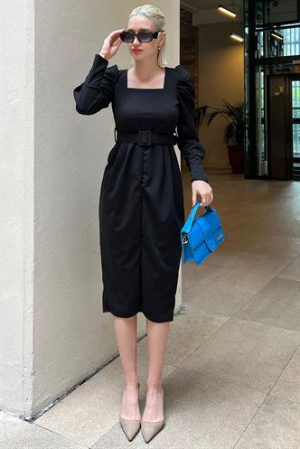 Siyah Karpuz Kol Kare Yaka Kalem Elbise MG2046