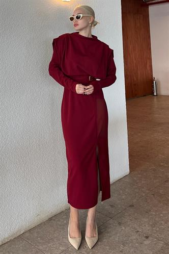 Bordo Vatkalı Uzun Kemerli Elbise MG2223