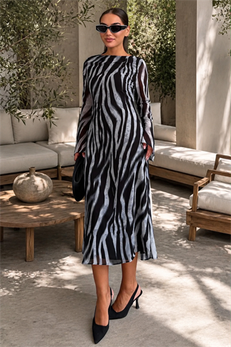Gri Zebra Desenli Şifon Midi Elbise MG2854