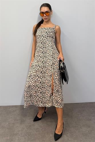 Bej Desenli Yırtmaçlı Uzun Elbise MG1868