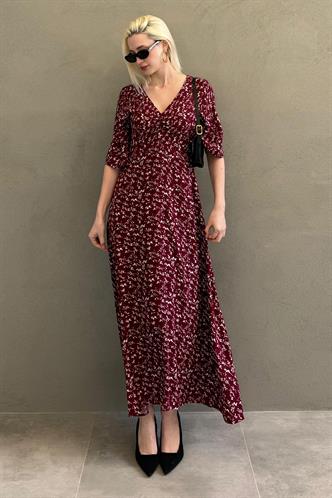 Bordo Çiçek Desenli  Yarım Kollu Elbise MG2395