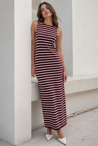 Bordo Bisiklet Yaka Çizgili Günlük Elbise MG2803
