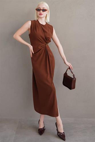 Kahverengi Bronşlu Midi Boy Kadın Elbise Mg2418