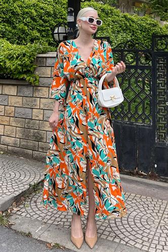 Turuncu Uzun V Yaka Desenli Kadın Elbise MG2076