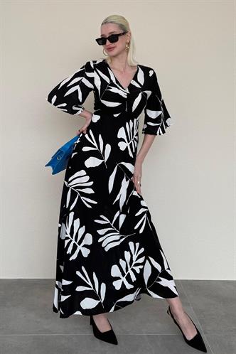 Siyah Desenli  Yarım Kollu Elbise MG2395