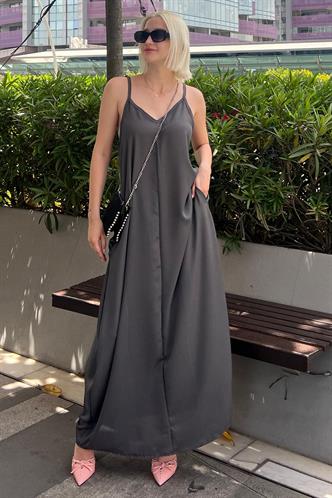Füme Askılı Oversize Uzun Elbise MG2038