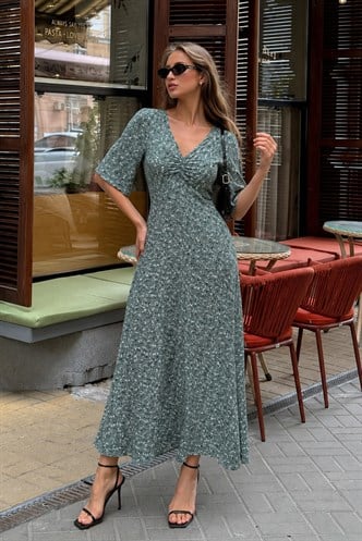 Mint Yeşili Çiçek Desenli  Yarım Kollu Elbise MG2395