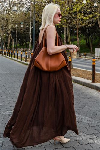 Kahverengi Halter Yaka Askılı Uzun Basic Kadın Elbise MG2163