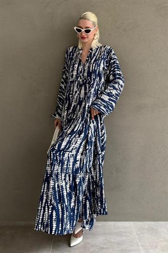 Lacivert  Desenli Önü Düğmeli  Uzun Kollu Elbise MG2398