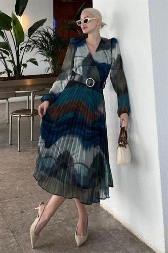 Mavi V Yaka Beli Lastikli Desenli Şifon Elbise MG2225