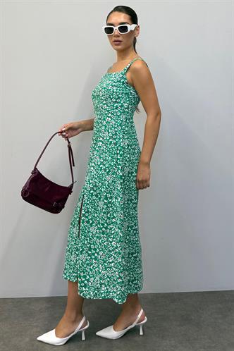 Yeşil Desenli Yırtmaçlı Uzun Elbise MG1868