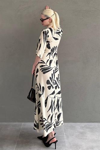 Ekru Desenli  Yarım Kollu Elbise MG2395