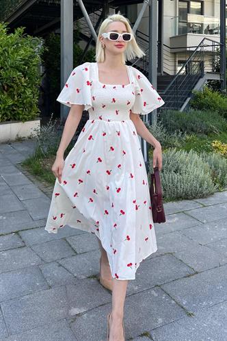 Beyaz Desenli Midi Boy Kadın Elbise Mg2475