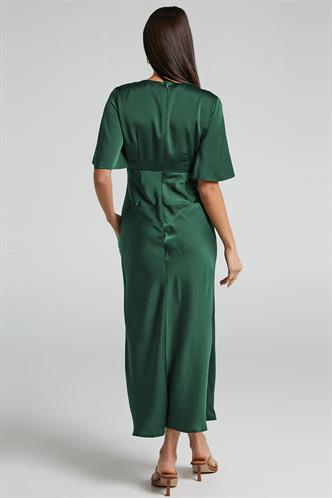 Yeşil Midi Boy Kısa Kollu Saten Elbise MG2013