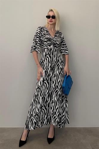 Siyah Zebra Desenli V Yaka Yarım Kollu Elbise MG2394