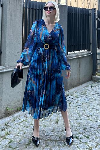 Saks Kruvaze Yaka Desenli Şifon Elbise MG2065