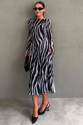 Gri Zebra Desenli Şifon Midi Elbise MG2854
