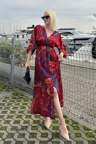 Kırmızı Desenli Yırtmaç Detaylı Uzun Elbise MG2325