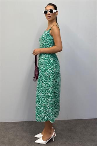 Yeşil Desenli Yırtmaçlı Uzun Elbise MG1868