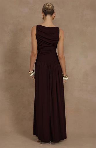 Kahverengi Önü Dökümlü Uzun Boy Kadın Elbise Mg2364