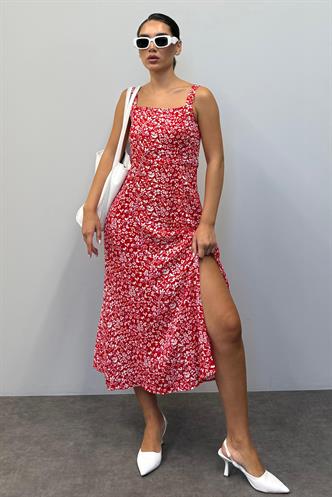 Kırmızı Desenli Yırtmaçlı Uzun Elbise MG1868