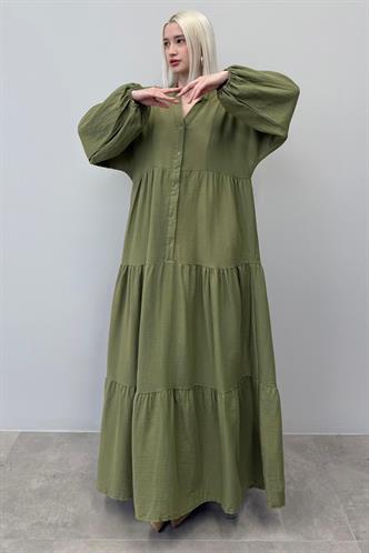 Haki Uzun Kollu Düğmeli Elbise Mg2433